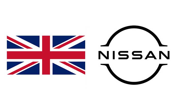 日産自動車のロゴと英国の国旗（ユニオンジャック）。