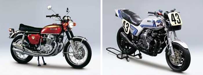 左から、ドリーム CB750FOUR（1969年）と、CB750F レーサー（1982年）M.ボールドウィンデイトナ100。