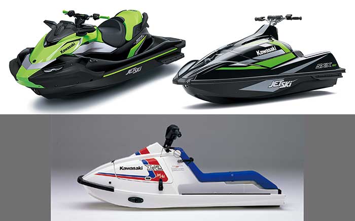 上段左：JET SKI STX160R（日本初展示、参考出品）と、同右：JET SKI SX-X 160（日本初展示、参考出品）。下段：JET SKI X-2（歴史艇）。